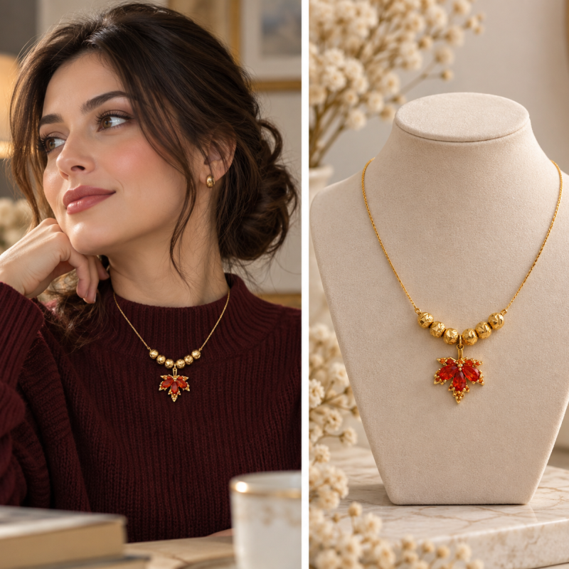 گردنبند آویز برگ پاییزی طلایی و قرمز 🍂❤️✨
