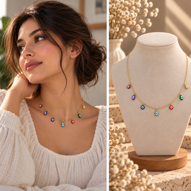 گردنبند چشم‌نظر رنگی ژوپینگ با آبکاری طلا ✨